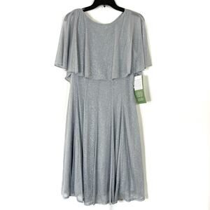 J. Taylor Dusty Blue Gray Sparkly Overlay Dress Mid Length NWT